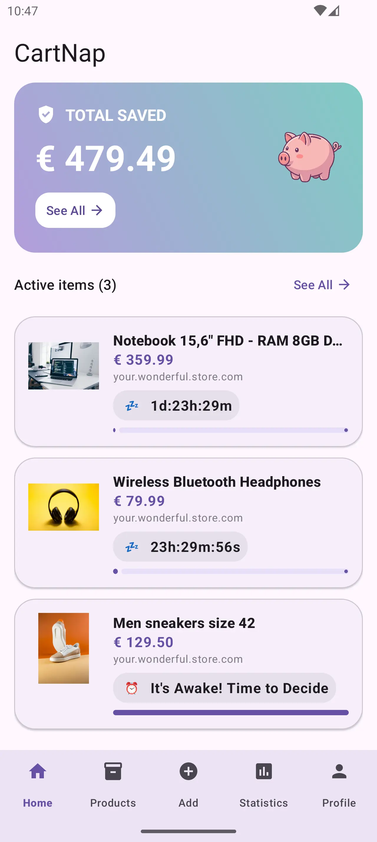 CartNap home screen showing napping products with countdown timers